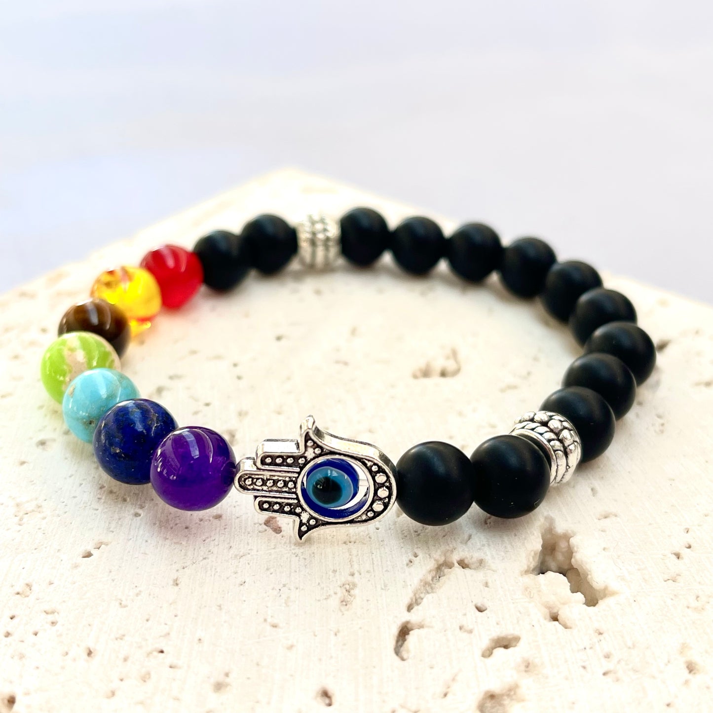 7 Chakras + Hamsa Evil Eye Crystal Stone Bracelet