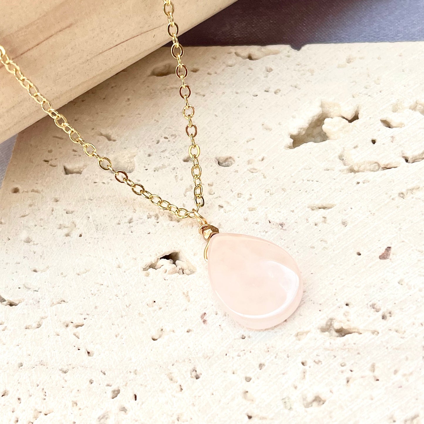 Rose Quartz Rain Drop Pendant Necklace