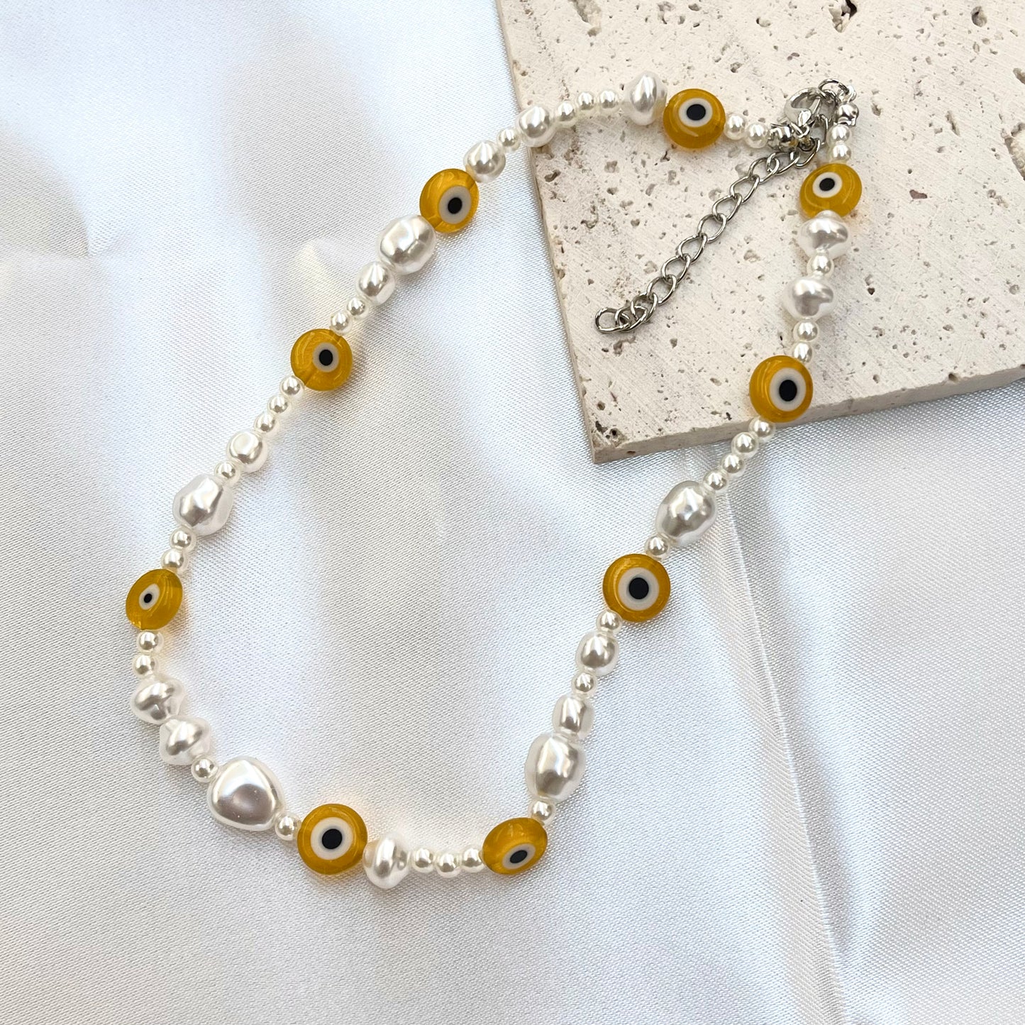 Evil Eye + White Bead Necklace