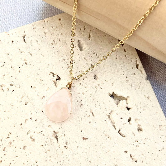 Rose Quartz Rain Drop Pendant Necklace