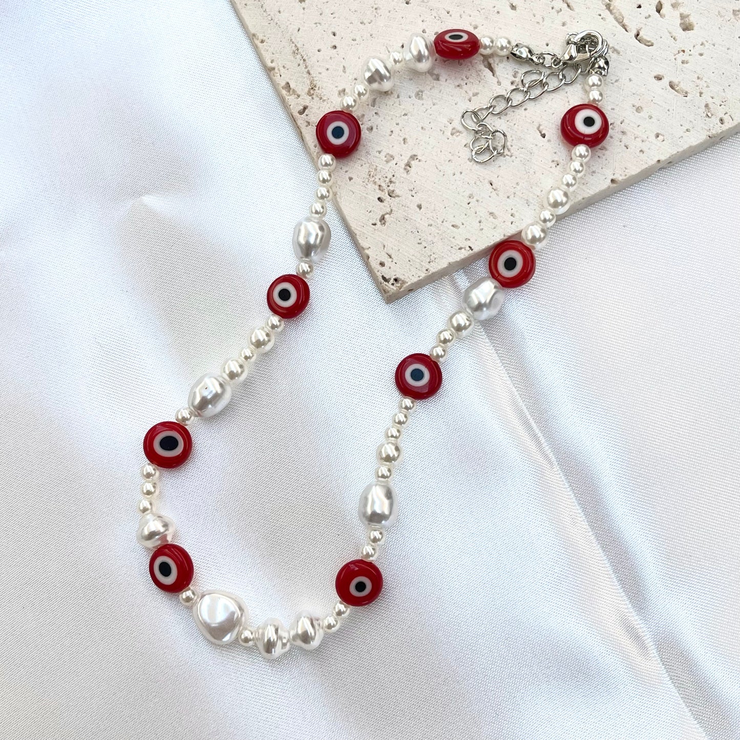 Evil Eye + White Bead Necklace