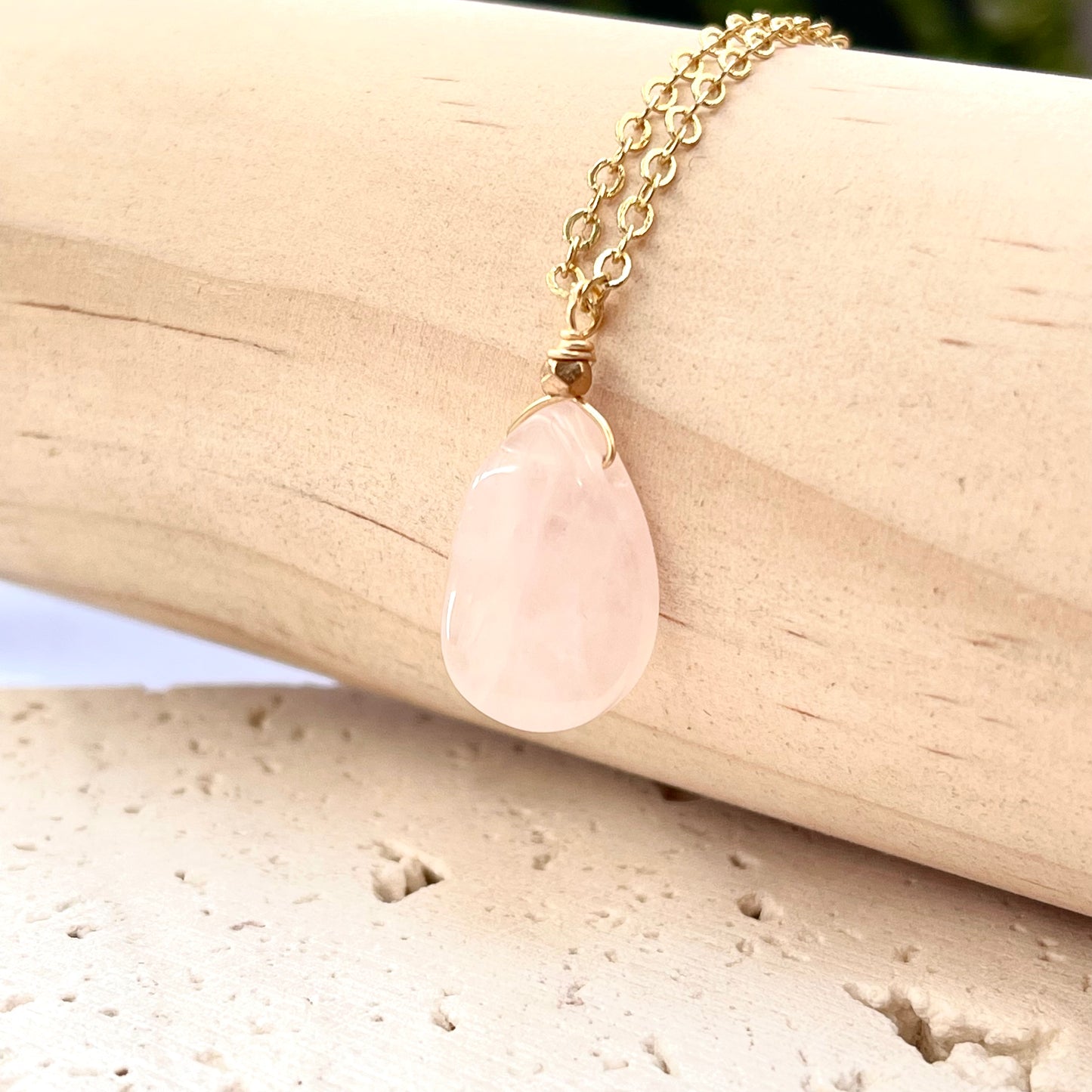 Rose Quartz Rain Drop Pendant Necklace